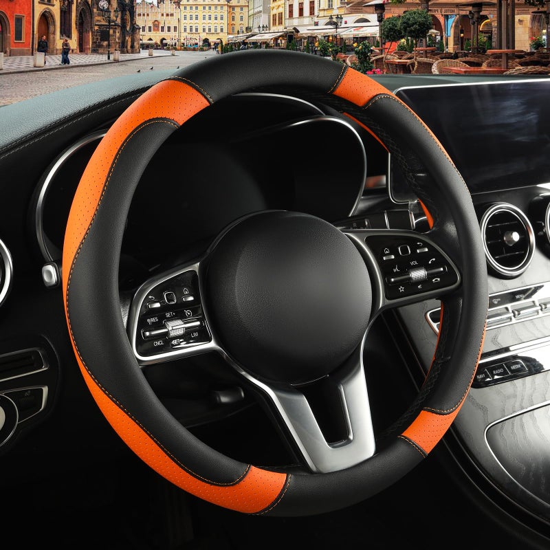 Binsheo Leather Steering Wheel Cover, Breathable, Anti Slip & Odor Free, Black and Orange - Image 1